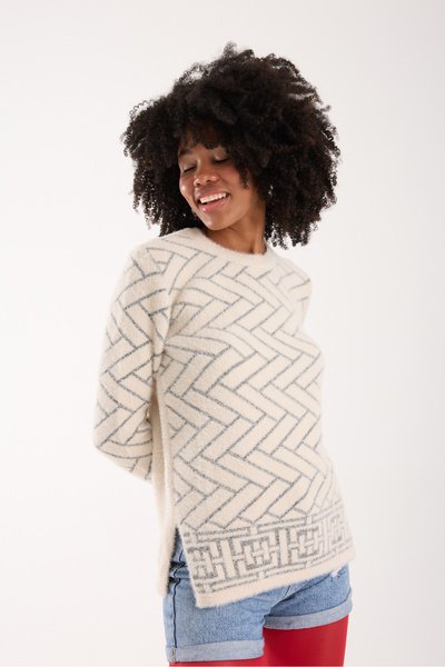 Moda Days Tricotaj pentru femei Ecru Simli Sakal Y cu fantă B guler rotund