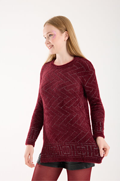 Moda Days Pulover de tricotat pentru femei cu fir glitter burgundy și fantă laterală, guler rotund.