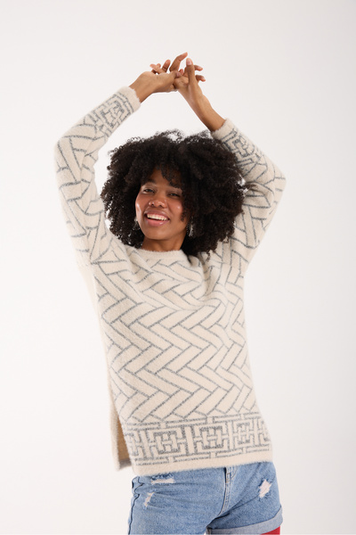 Moda Days Tricotaj pentru femei Ecru Simli Sakal Y cu fantă B guler rotund