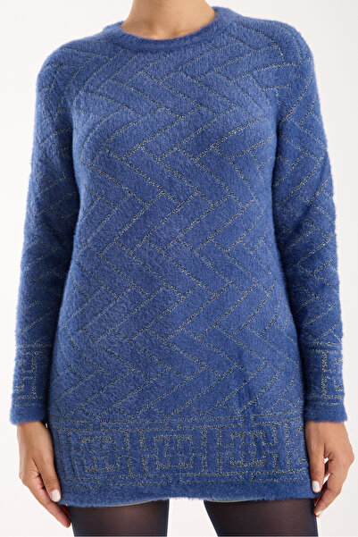 Moda Days Pulover pentru femei din tricot cu guler rotund, cu fante laterale, din fir indigo sclipitor.