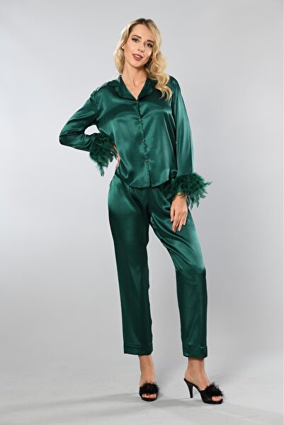 Viselya Σετ Πιτζάμες από Σμαραγδί Σατέν με Φτερωτά Τελειώματα στα Μανίκια