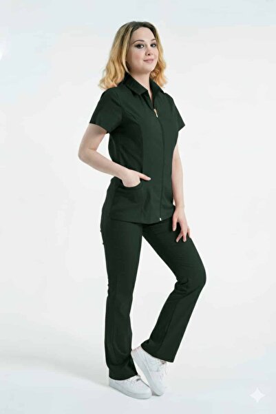 LİZY STORE Asteria-Green Women's Zipper Nurse Doctor Uniform Set Scrubs Suit Hospital Uniform