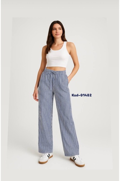 Markasız ucuz Kadın Mavi Beyaz Çizgili Yüksek Bel Lastikli Geniş Paça Pantolon