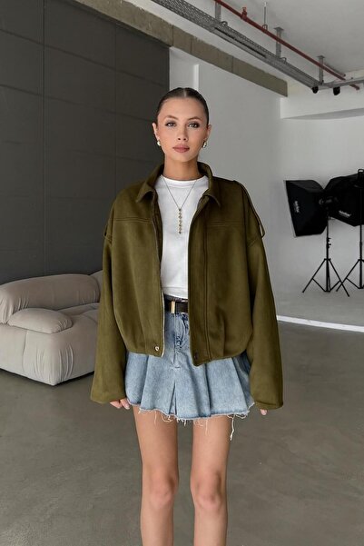 zoezoe Oversize Cepsiz Kadın Bomber Süet Deri Ceket