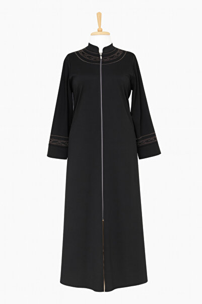 HESNA Anne Women's Plus Size High Neck Zippered Pocket Embroidered Seasonal Black Coat