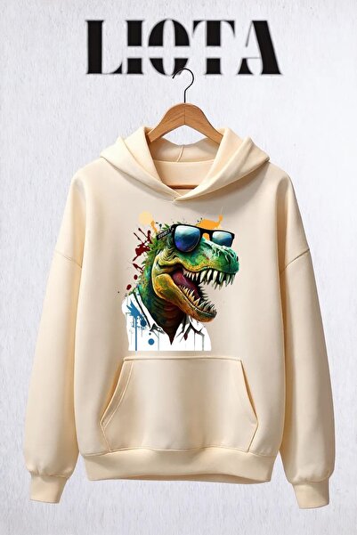 Vordevia سويت شيرت قطني كبير الحجم مطبوع عليه ديناصور مكون من 3 خيوط