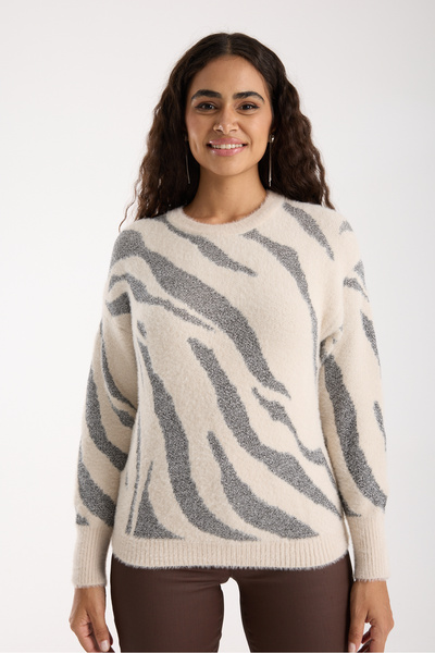 Moda Days Pulover tricotat B guler rotund pentru femei, ecru, argintiu, cu mâneci balon, din fire de barbă