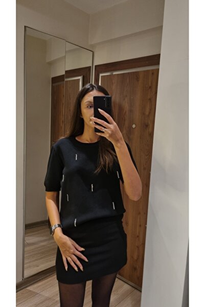 Melis Tuna Butik Taş Detay Siyah Triko