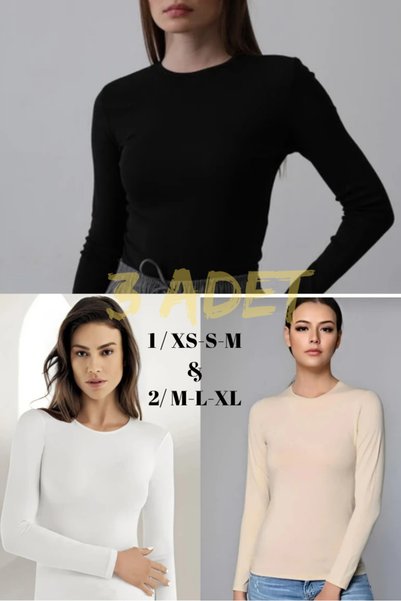 SUN STYLE Uzun Kollu Bisiklet Yaka Viskon Badi/Body(XS,S,M ve M,L,XL)