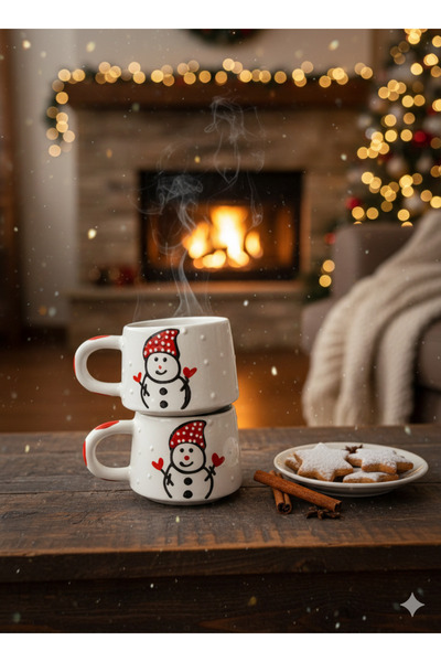 BB TRADE Handmade Set of 2 Snowman Patterned Ceramic Mugs Enjoy Warmth in Winter