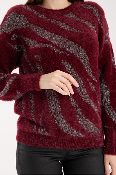 Moda Days Pulover de tricotat B guler rotund pentru femei, burgundy, argintiu, cu mâneci balon, din fire de barbă