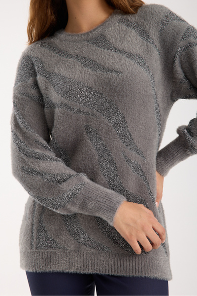 Moda Days Pulover tricotat B guler rotund pentru femei, gri argintiu, cu mâneci balon, cu fire de barbă
