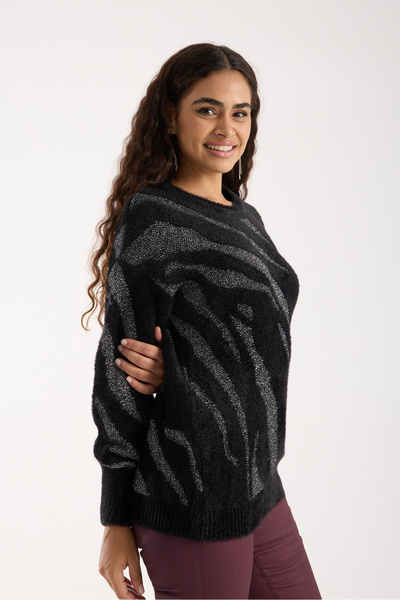 Moda Days Pulover de tricotat B guler rotund pentru femei, negru, cu mâneci balon, cu fire de barbă, cu sclipici