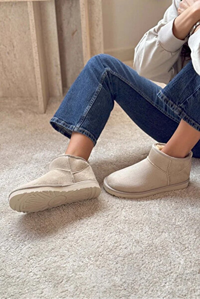 Volenta Mini Taba Renk Süet Yarım Bot İçi Tüylü Düz Taban Kadın Ayakkabı