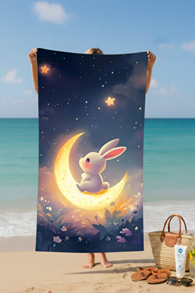 BETHA Moon and Rabbit Patterned Cotton Beach Towel – Patterned Design – 75X150 cm