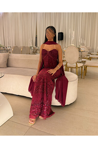 Generic Fully embroidered burgundy petroleum evening dress with sequins and crystals and an elegant shawl