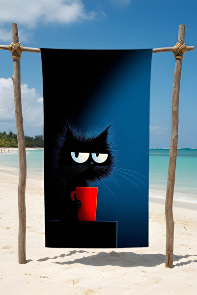 BETHA Cat Drinking Coffee Patterned Cotton Beach Towel – Patterned Design – 75X150 cm