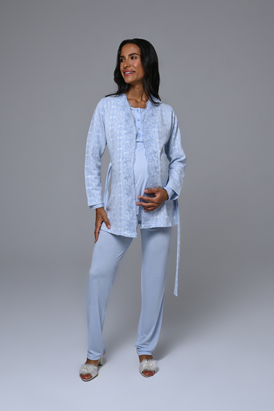 Lohusa Homewear Kadın Mavi Kışlık Özel Dantel Detaylı İnci Taşlı Tasarım Lohusa Hamile Sabahlık Pijama Takımı Set
