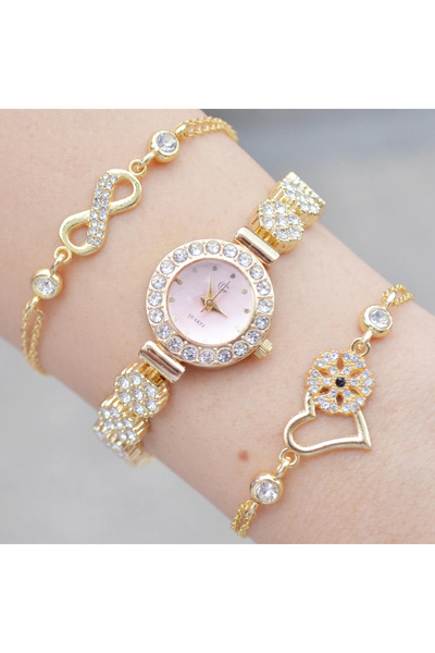 COLESİUM Gold Taşlı Metal Kordon Kadın Saat Kombini 3625