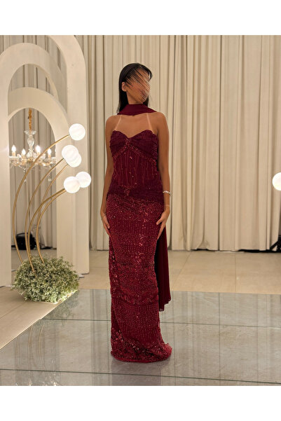 Generic Fully embroidered burgundy petroleum evening dress with sequins and crystals and an elegant shawl