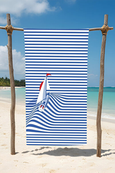 BETHA منشفة شاطئ قطنية مخططة باللون الأزرق – تصميم منقوش – 75x150 سم