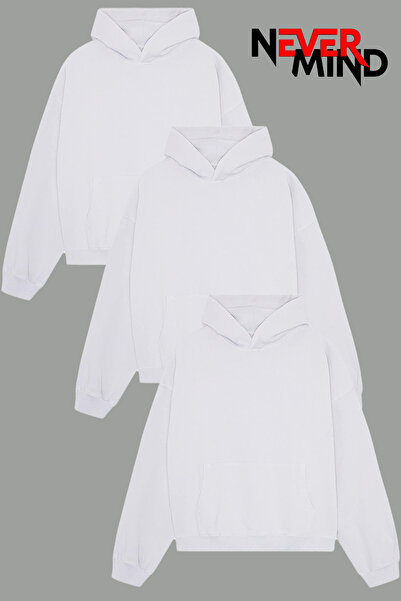 NEVERMIND 3 bucăți de pulover de iarnă simplu și gros basic tricou - negru alb gri fum supradimensionat cu glugă