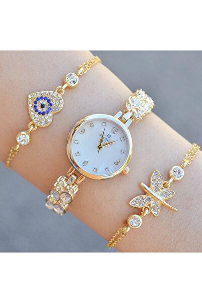 istanbul form Gold Taşlı Metal Kordon Kadın Saat Kombini 3602