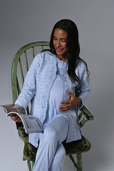 Lohusa Homewear Kadın Mavi Kışlık Özel Dantel Detaylı İnci Taşlı Tasarım Lohusa Hamile Sabahlık Pijama Takımı Set