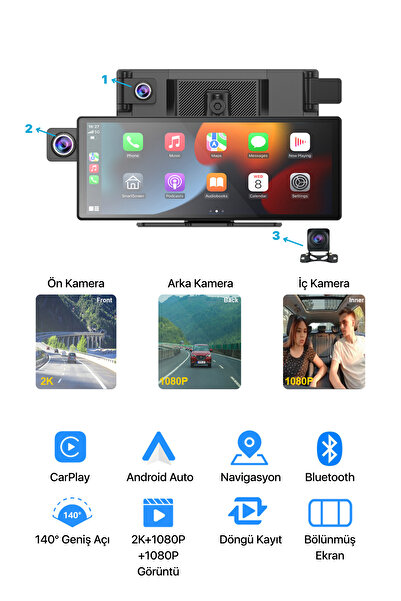 METONTECH 3 Kameralı Multimedya Ekranı | CarPlay & Android Auto | Ön, Arka, İç Kamera | 3in1 | 11.3" Ekran