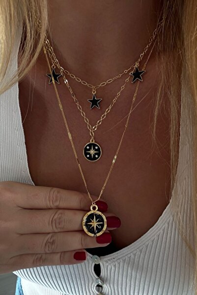 Trendy Butik Kutup ve Zincir Model Üçlü Kolye Kombini
