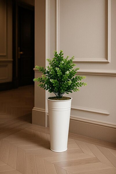 Feronyahome & Garden Διακοσμητικό Τεχνητό Ανθοσυνθέσιμο – Μακρύ Μεταλλικό Γλαστράκι με Λευκά Λουλούδια (Για Σαλόνι και Γραφείο) ΛΕΥΚΟ