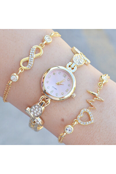 COLESİUM Gold Metal Kordon Kadın Saat Kombini 3638