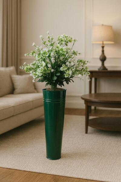 Feronyahome & Garden Aranjament decorativ de flori artificiale – Ghiveci lung din metal cu flori albe (pentru sufragerie și birou) VERDE