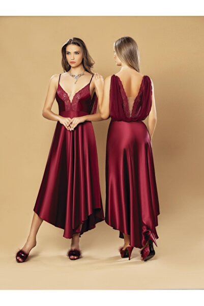Viselya Sırt Dekolteli Dantelli Saten Bordo Uzun Gecelik
