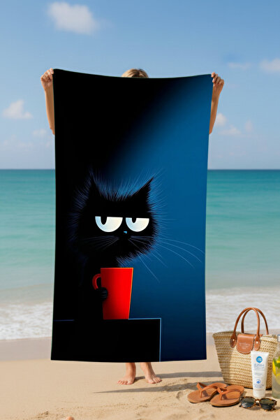BETHA Cat Drinking Coffee Patterned Cotton Beach Towel – Patterned Design – 75X150 cm