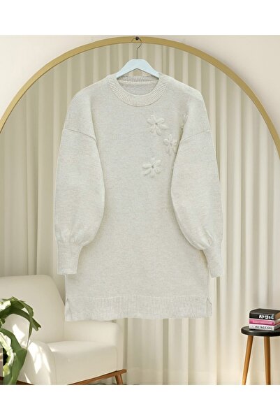 Modamorfo Floral Patterned Stoned Soft Knit Sweater - Ecru