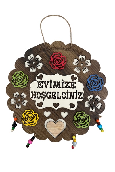 İKRARR İkrar Ahşap Kişiye Özel Güllü Model Evimize Hoş Geldiniz Kapı Süsü İsim Yazılabilir 30 cm