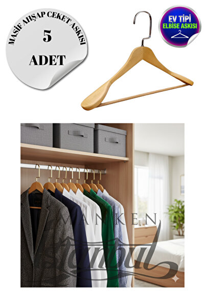 Manken İstanbul 5 bucăți de tip casnic din lemn masiv, 44 cm, cârlig argintiu, umeraș pentru haine, umeraș pentru costum, umeraș pentru îmbrăcăminte