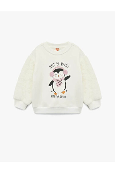 Koton Penguin Printed Crew Neck Cotton Ecru Baby Girl Sweatshirt 6Wmg10020Ak