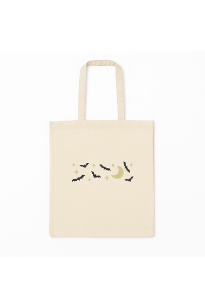SHOPIENS Geanta tote brodata Halloween model Moon Bats bej