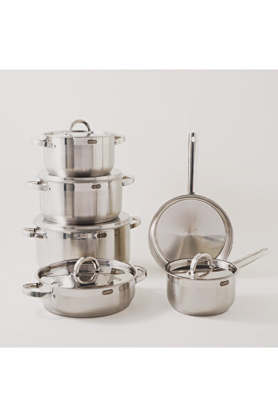 Alberto طقم أواني طهي من الفولاذ المقاوم للصدأ مكون من 11 قطعة، هيكل فضي، مقابض ذهبية