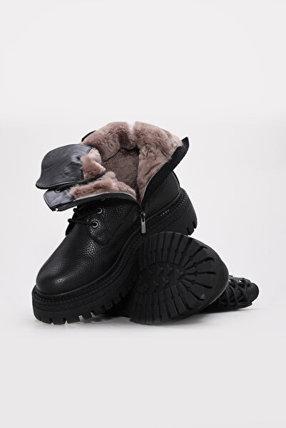 Ayakkabıhane حذاء نسائي أسود من الجلد الطبيعي مع فرو من الداخل وجلد طبيعي من ...