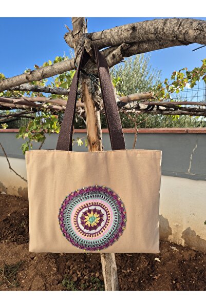 Handream Brown Duck Fabric Bag with Beaded (Lilac) Mandala Detail
