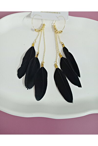 mos&more Black Color Feather Lightweight Long Women's Earrings