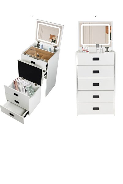 Un Versatile, modern vanity with LED lighting and spacious storage cabinets