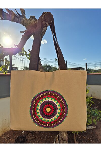 Handream Cream Duck Fabric Bag with Beaded (Red) Mandala Detail