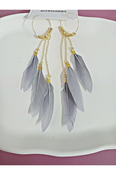 mos&more Gray Feather Lightweight Long Women's Earrings