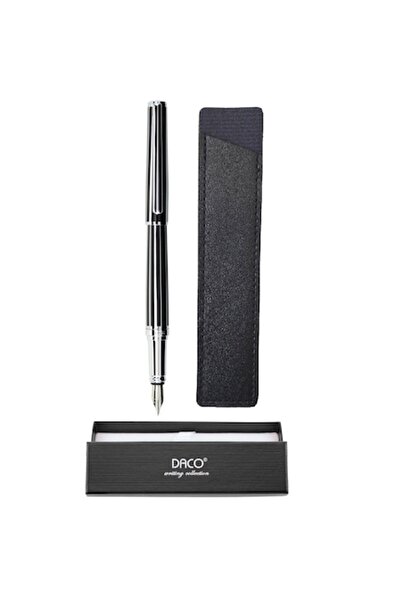 Daco Stilou negru-argintiu Daco, penita tip F + Etui piele FLR, corp metalic