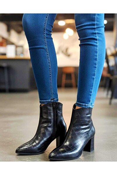 v.s.h velvet Kadın Klasik Kroko Sivri Burun Kalın Topuklu Yandan Fermuarlı Bot