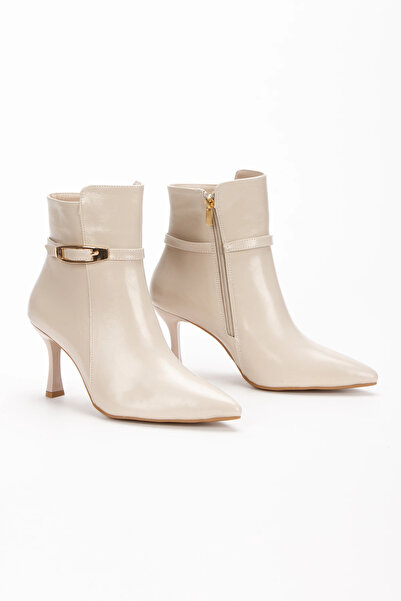 Satenora Nove Beige Pointed Toe Thin Heeled Buckle Boots